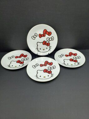 Corelle Hello Kitty Salad Plates Corning Cartoon Cat Red Bow Luncheon Plates